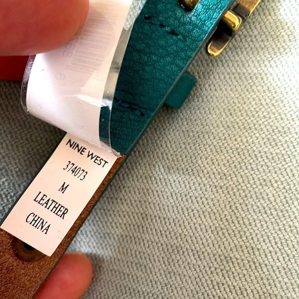 Nine West Women's Leather Belt Sz M Bronze Tone Buckle & Studded Teal Green NWT